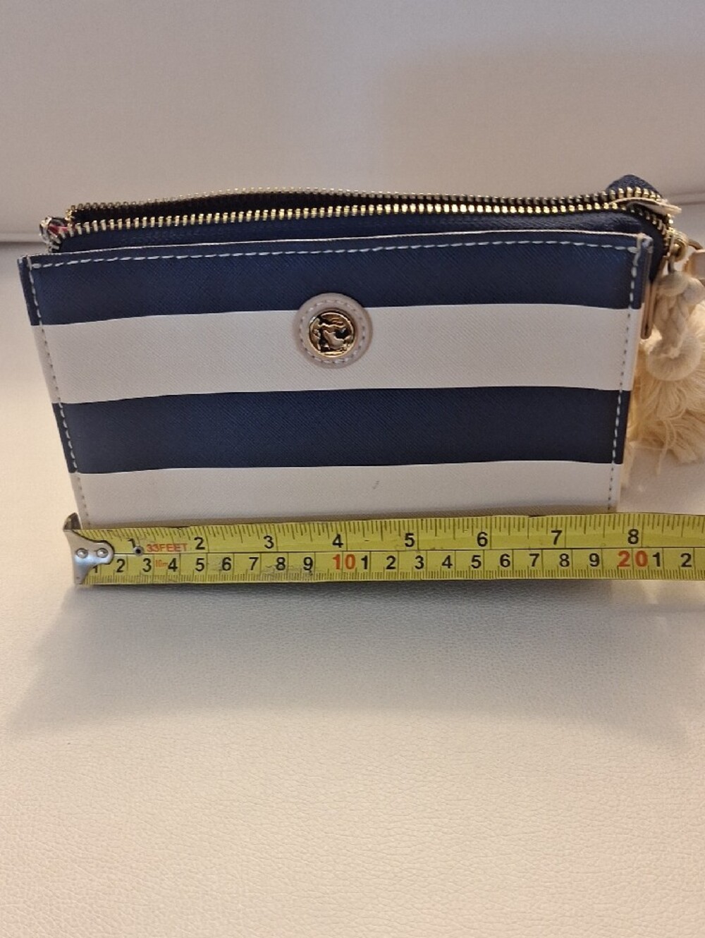 Gorgeous Spartina Striped Navy and White Leather Wristlet Pouch with Tassel - Picture 7 of 11